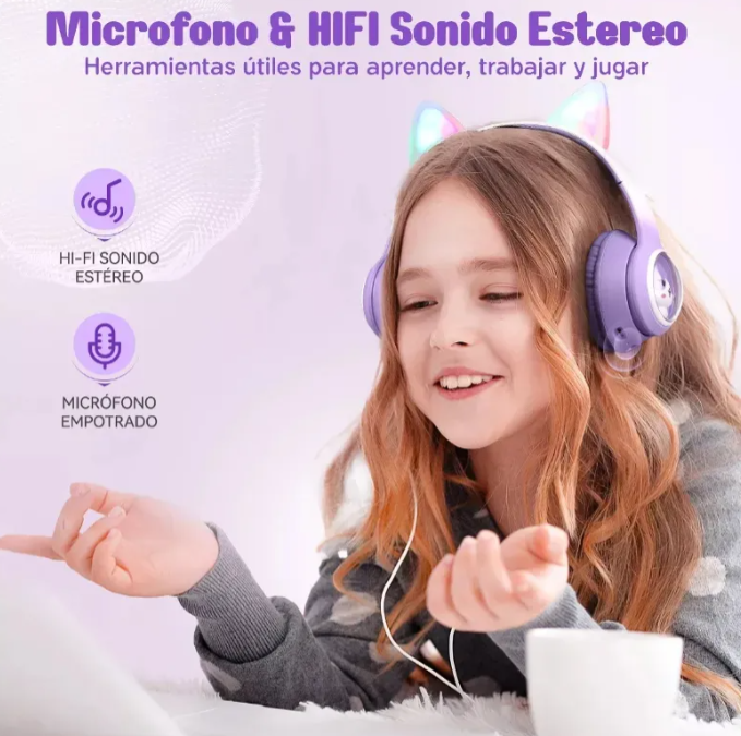 Audífonos Diadema Inalámbricos Led Con Diseño De Gato AKZ02