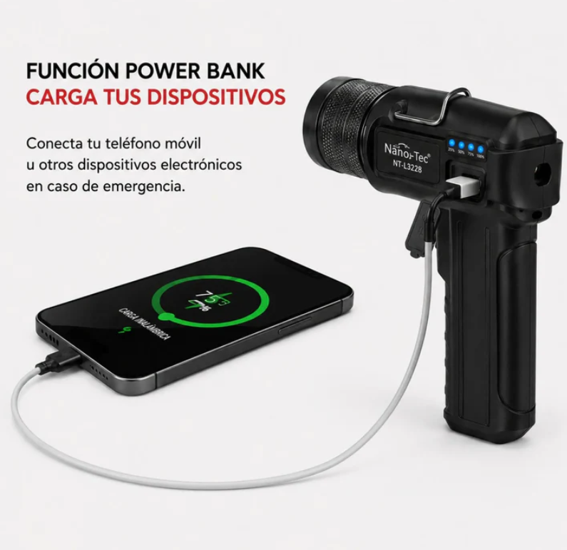 Linterna LED Recargable Nano-Tec 20W Con Power Bank Alcance De Hasta 5 Km NT-L3228