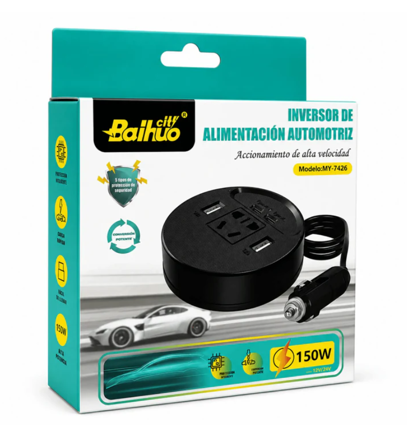 Inversor De Corriente Automotriz 150W Con USB Y Tipo C Baihuo City MY-7426