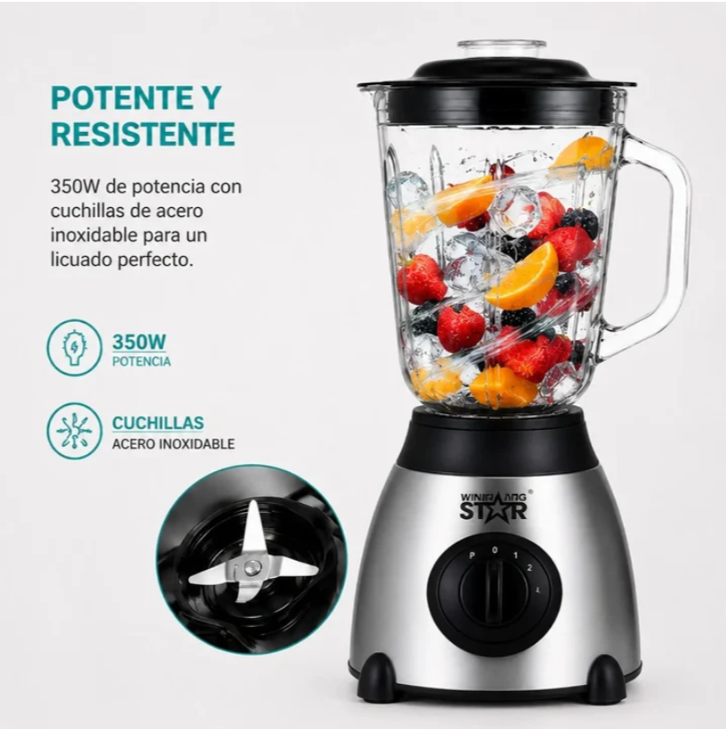 Licuadora 2 En 1 Winning Star 1.5L Con Triturador Y Vaso De Vidrio ST-2081