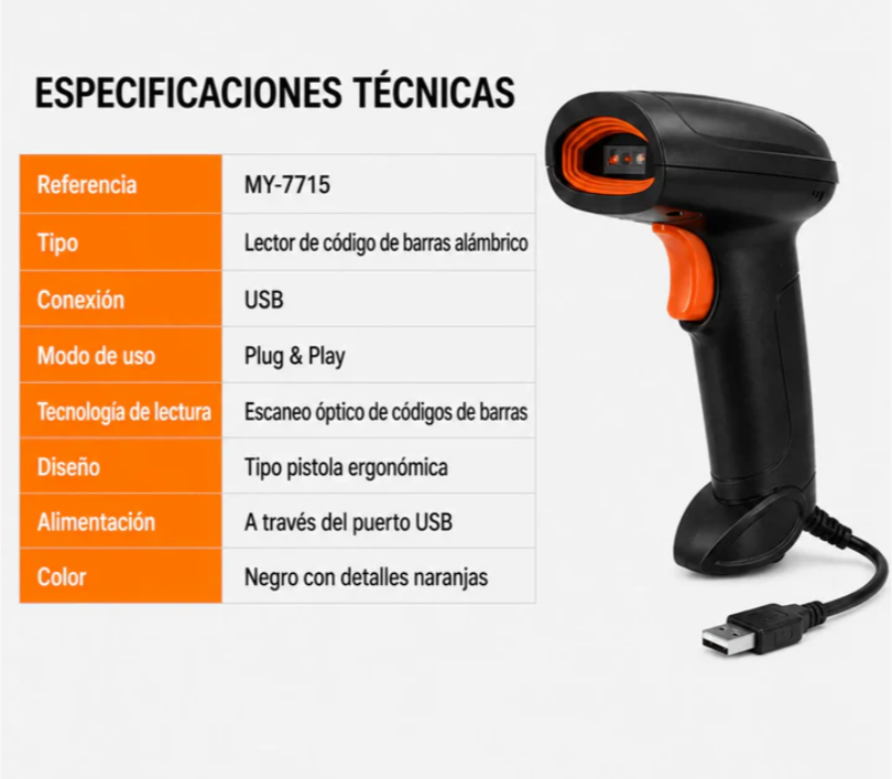 Pistola Lector De Código De Barras USB Plug & Play Baihuo City MY-7715