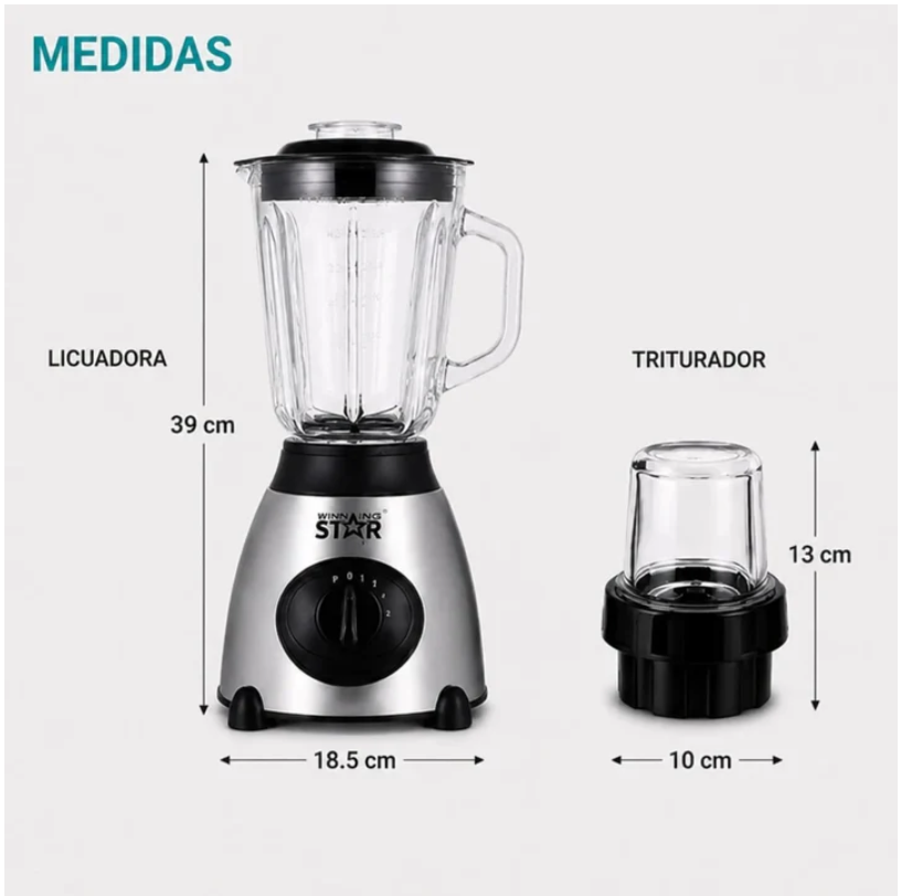 Licuadora 2 En 1 Winning Star 1.5L Con Triturador Y Vaso De Vidrio ST-2081