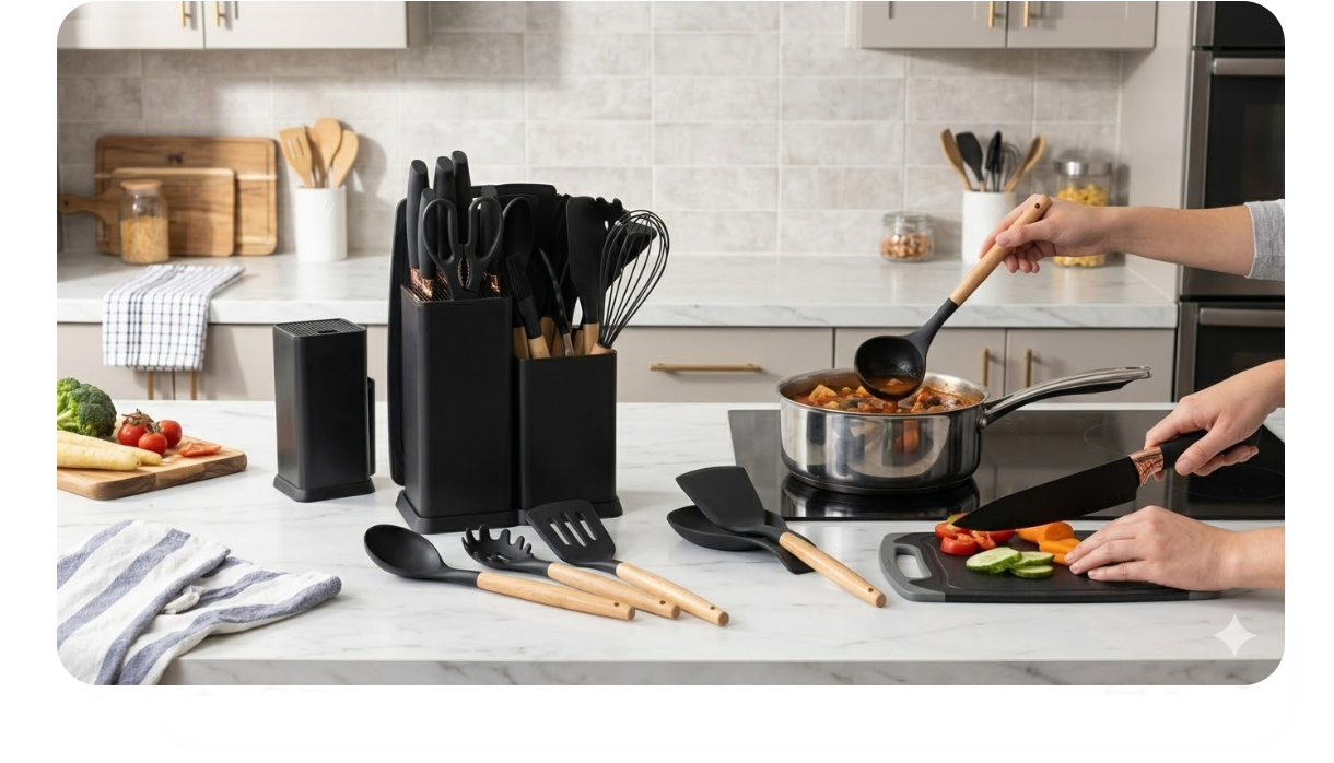 Set Utensilios Cocina En Silicona Y Juegos De Cuchillos 19Pc