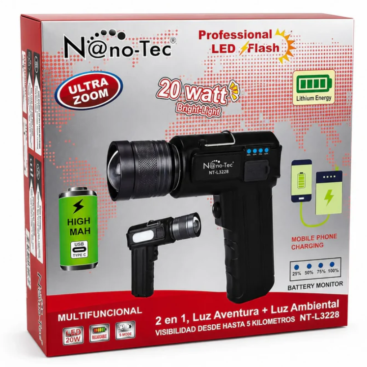 Linterna LED Recargable Nano-Tec 20W Con Power Bank Alcance De Hasta 5 Km NT-L3228