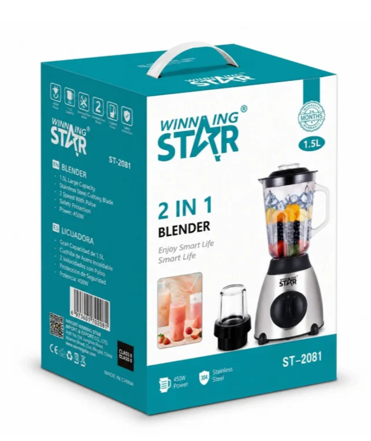 Licuadora 2 En 1 Winning Star 1.5L Con Triturador Y Vaso De Vidrio ST-2081