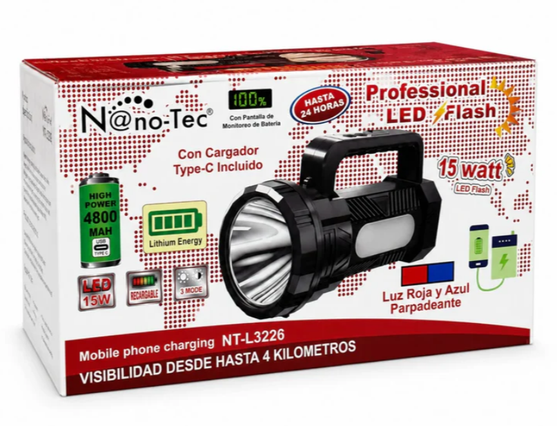 Linterna LED Recargable Nano-Tec, Pantalla Digital Alcance De4 Km NT-L3226