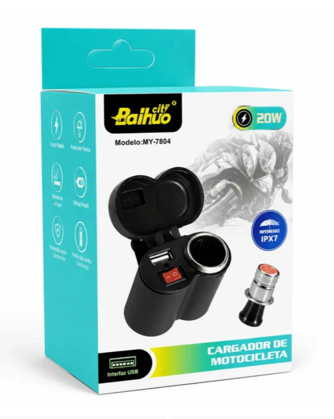 Cargador Para Motocicleta Baihuo City Con Puerto USB Y Encendedor 12V MY-7804